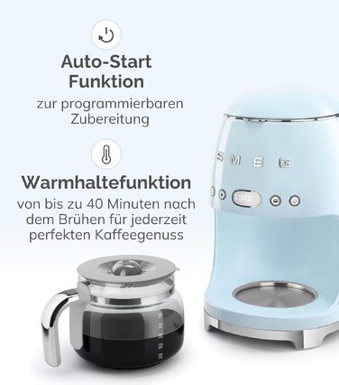 Кавоварка крапельна Smeg DCF02NBEU рожева, 12 чашок, автостарт, регулювання міцності, підтримання тепла, 1050 Вт