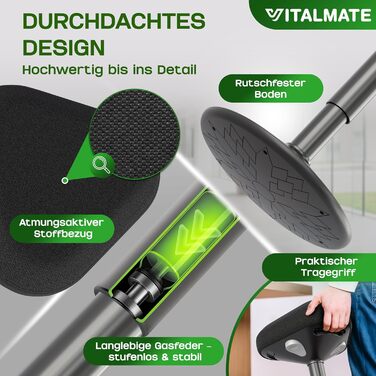 Офісний стілець VITALMATE з регулюванням висоти та неслизьким покриттям - стілець-покрутка для офісу та дому - регульований стійкий стілець для роботи - стійка для стоячи - чорний офісний стілець