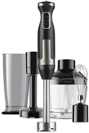 Занурювальний блендер Black+Decker BXHBA1500E, 1500 Вт, 20 швидкостей, турбо, нержавіюча сталь, з насадками (віночок, подрібнювач, мірний стакан)