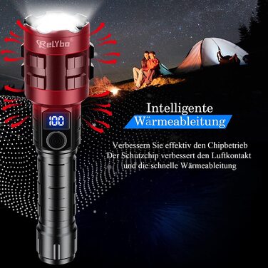 Ліхтарик Relybo XHP90 20000 Люмен, акумуляторний LED, надяскравий, тактичний, 5 режимів, USB-зарядка, для кемпінгу, туризму, екстрених ситуацій, чорний