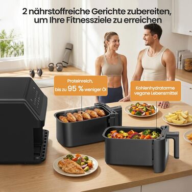 Аерофритюрниця LLIVEKIT 9L з двома камерами (2x4.5L), 8 програм, 4D конвекція, функція Sync-Finish, енергоощадна, PFOA-free, чорна