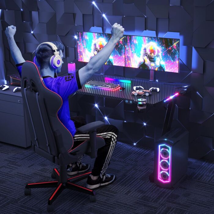 Ігровий стіл JUMMICO з RGB LED-підсвіткою, комп'ютерний стіл для геймерів та Home-office з тримачем для навушників та підстаканником, чорний (140 x 60 см)