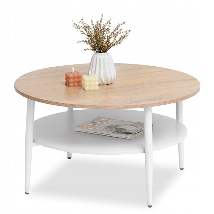 Журнальний стіл Mebel-Partner круглий, 80 x 80 x 45 см, білий, дуб сонома