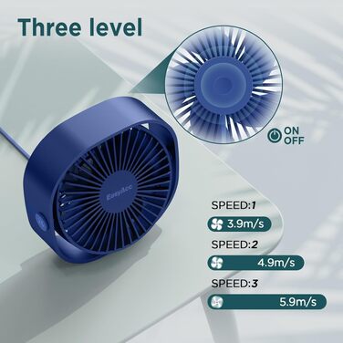 Вентилятор USB EasyAcc міні, настільний з обертанням 360°, 3 швидкості, синій (Marineblau) - гарантія 2 роки