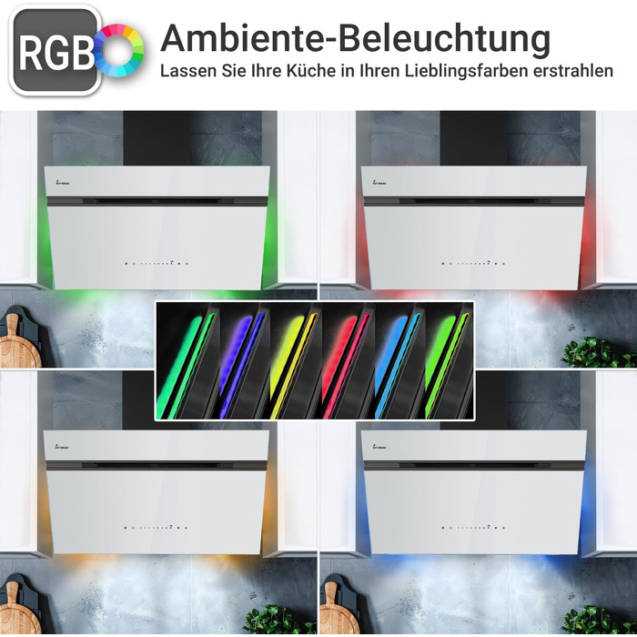 Витяжка для кухні KKT KOLBE AURORA6005FB 90 см, чорна з білим склом, потужність 782 м³/год, WiFi, RGBW LED-підсвітка, сенсорне керування, режим рециркуляції та відведення