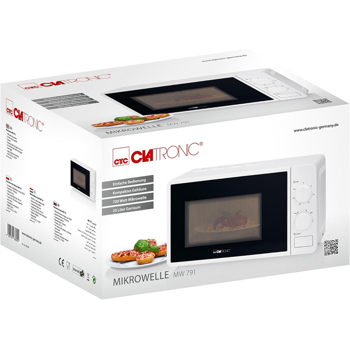 Мікрохвильова піч Clatronic MW 791, 20 л, 700 Вт, 6 режимів, підсвітка, біла