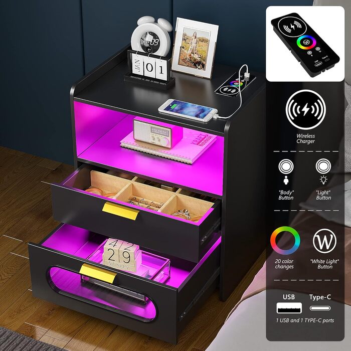 Розумна тумба Lvifur з LED-підсвіткою RGB, 2 шухляди, сенсор, бездротова та USB зарядка, чорний глянець