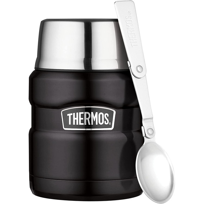 Термос для їжі Thermos STAINLESS KING 470 мл, чорний матовий, з ложкою, нержавіюча сталь, зберігає тепло 6 годин/холод 24 години, герметичний, для супу, мюслі, підходить для посудомийної машини