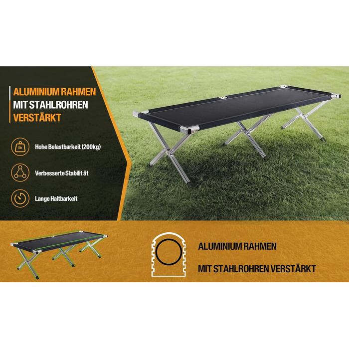 Розкладне ліжко Kronenburg XXL 210x72x45 см, посилене сталеве, до 200 кг, чорне, для кемпінгу