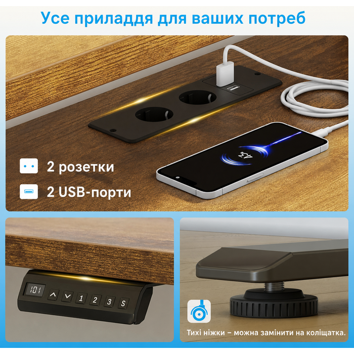 Регульований кутовий стіл OffiGo 150x120 см з розеткою та підставкою під монітор, електричний, коричневий