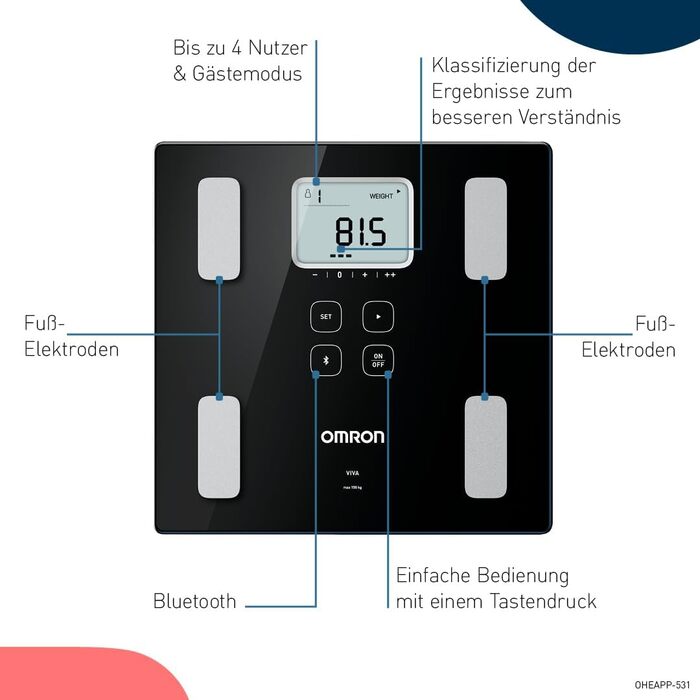 OMRON VIVA – розумні ваги-аналізатор складу тіла з Bluetooth, додатком, вимірюванням жиру, ваги, вісцерального жиру, м’язової маси, базального метаболізму та ІМТ; для 4 користувачів, тонометр з Bluetooth; рейтинг 'Добре' 10/24 від Stiftung Warentest