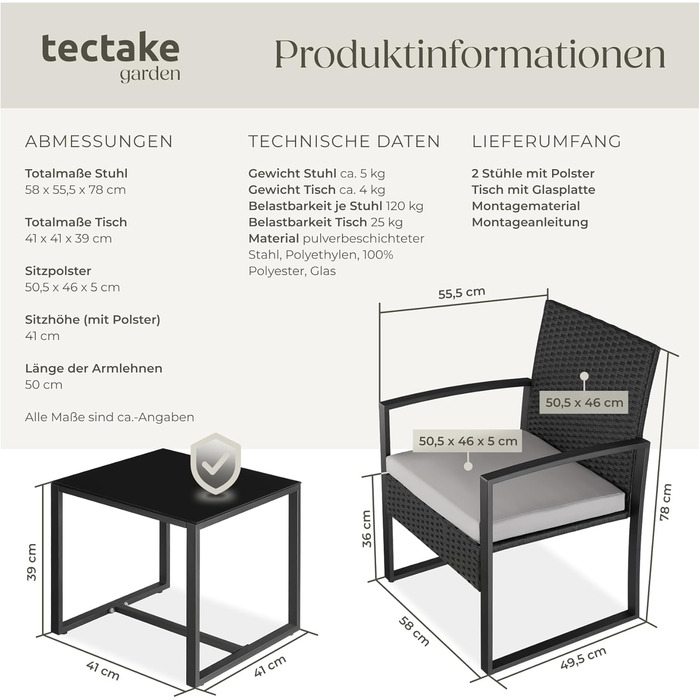 Комплект меблів для балкона та саду tectake з ротангу: 2 крісла з подушками та столик, вуличні меблі для відпочинку, стійкі до погодних умов