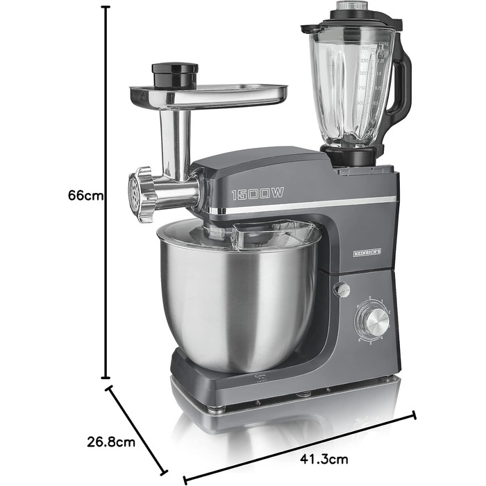 Кухонний комбайн HEINRICHS 3-в-1: міксер, кухонний прилад, м'ясорубка, 1500W, 6 швидкостей, 1.5л, 10л чаша, сірий