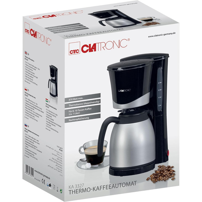 Кавоварка Clatronic KA 3327 з термочашею, 1 л, на 8-10 чашок, фільтр-кава, чорна/срібляста, автоматичне вимкнення, знімний фільтр, індикація рівня води