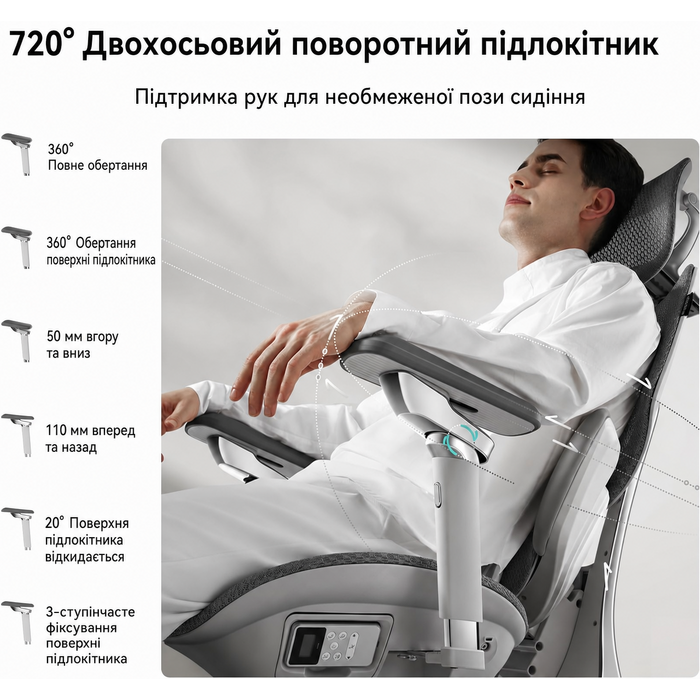 Крісло Hbada X7: ергономічне офісне крісло з автоматичною підтримкою попереку, регульованою підголівником 4D, підлокітниками на 720°, вентильованим сидінням, поворотним механізмом, сірого кольору