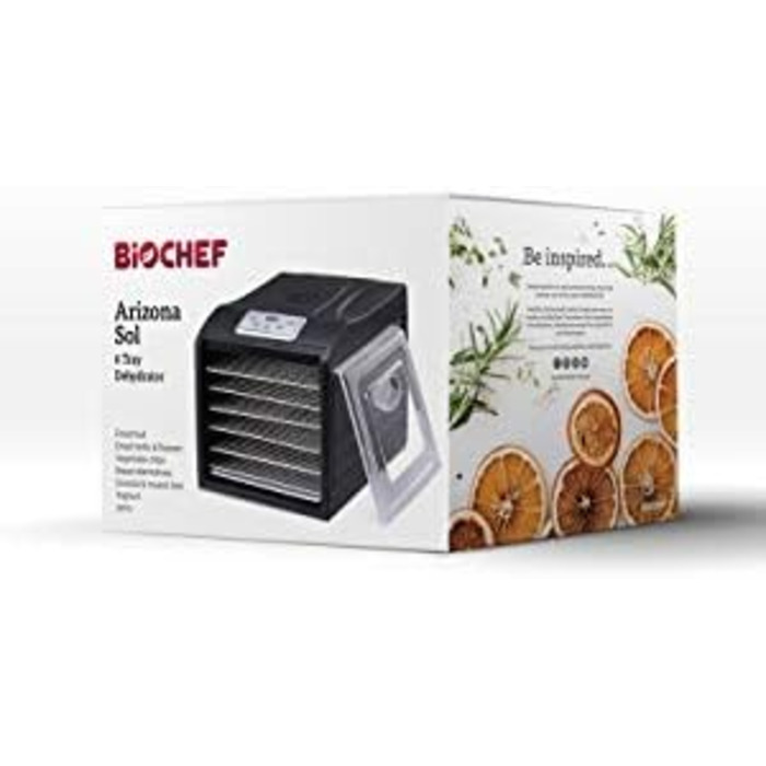 BioChef Arizona Sol: електросушарка для продуктів з нержавіючої сталі з цифровим таймером та термостатом, 6 ящиків, аксесуари