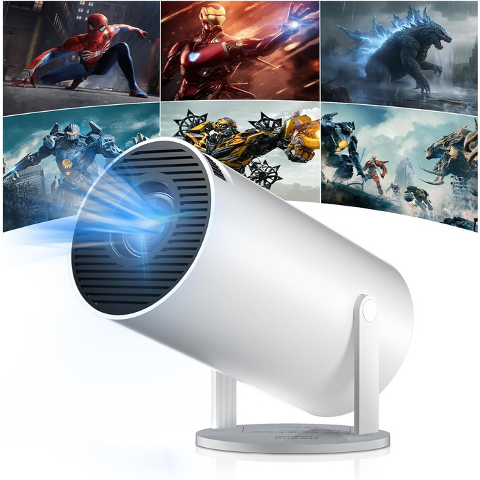 Міні проектор Salange HY300Pro+ 4K з Wi-Fi 6, Bluetooth 5.2 та Android 11.0 для домашнього кінотеатру. Підтримка 180° повороту, сумісний з телефоном, Xbox, ноутбуком, TV Stick, USB. Білий колір.