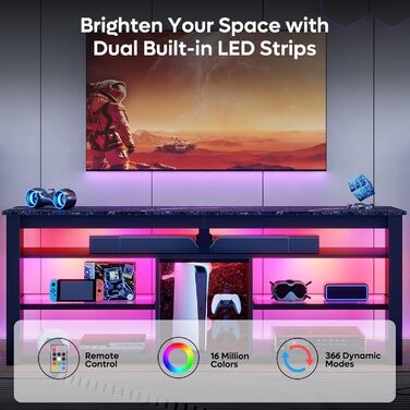 Тумба під телевізор Bestier 70 дюймів з LED-підсвіткою, для PS5, чорний мармур 160x33.8x66.8 см