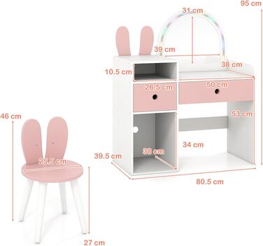 Дитячий туалетний столик DREAMADE з LED-дзеркалом та стільцем, білий з рожевим, набір для макіяжу з шухлядами та дизайном «вушка зайчика» для дітей від 3 років
