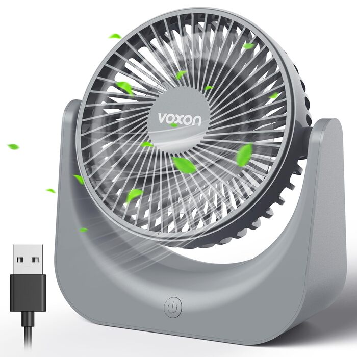 VOXON USB Настільний вентилятор міні з 5 швидкостями, тихий USB-вентилятор з кабелем 1.5м для офісу, дому, спальні. Без батарейок, сірий