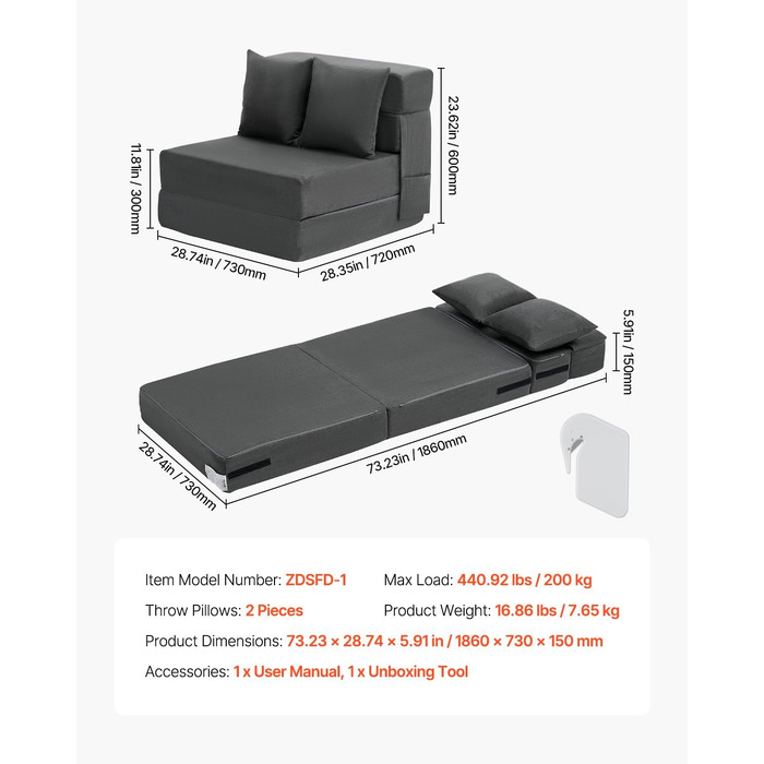 Диван-ліжко VEVOR 3-в-1 розкладний, з подушками, знімним чохлом, піна Memory Foam, сірий (односпальний) 1860x730x150 мм