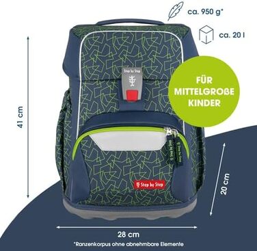 Ергономічний шкільний рюкзак Step by Step BASIS Schulranzen-Set, 4-в-1, для дітей 1 класу, 20 л, з рефлекторами та ременями (Green Geometrics)