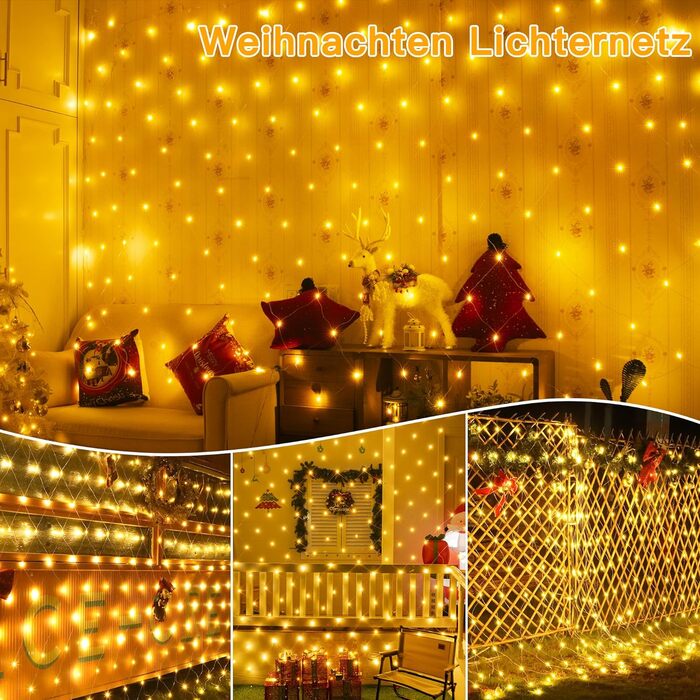 Світлодіодна сітка Ollny 3x2м, 200 LED, тепле біле світло, для вулиці та кімнати, з пультом, таймером, водонепроникна IP67, 8 режимів, для кущів, саду, балкона
