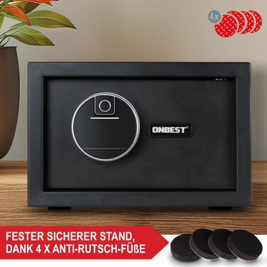 Сейф електронний ONBEST зі сканером відбитків пальців, кодовим замком і ключем, сталевий, 2 ригелі, для грошей, цінностей і документів, меблевий, розмір 20x31x20 см (M)