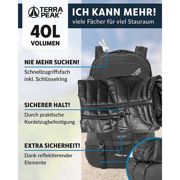 Туристичний рюкзак Terra Peak Flex 40 л сірий – преміум, вентиляція спини, чохол від дощу, кріплення для питної системи, 3D Air Mesh, трекінговий рюкзак з поясом
