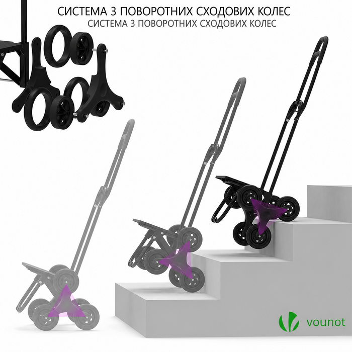 Сумка-візок VOUNOT для покупок, сходовий, 3 колеса, складаний, водонепроникний, 32 л, синій
