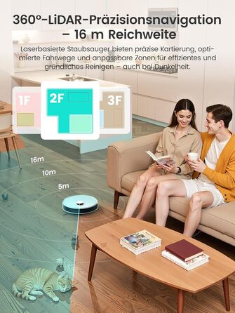 Робот-пилосос LEFANT M3 з функцією миття підлоги, 12000 Па потужність всмоктування, автоматичне док-станція, до 220 хвилин роботи, малювання плану прибирання, заборонені зони, уникнення перешкод, LiDAR навігація, підйом мопа, білий