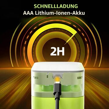 Набір акумуляторів POERUNI AAA 1.5V (8 шт) з USB-C зарядним пристроєм, перезарядні батарейки з швидкою зарядкою, зелені