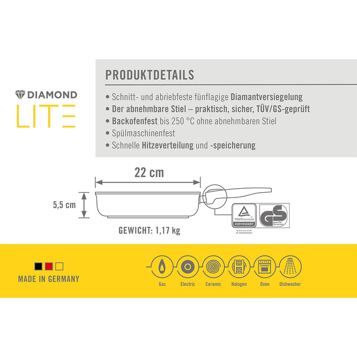 Сковорода квадратна Woll Diamond Lite 22x22 см, алюмінієва, антипригарна, знімна ручка, для газу, електро, склокераміки, духовки