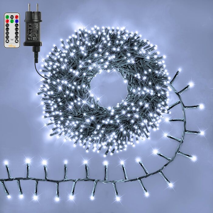 Світлодіодна гірлянда Ollny 15м, 1000 LED Cluster, водонепроникна IP44, 8 режимів та таймер, холодне біле світло для вулиці, ялинки та декору