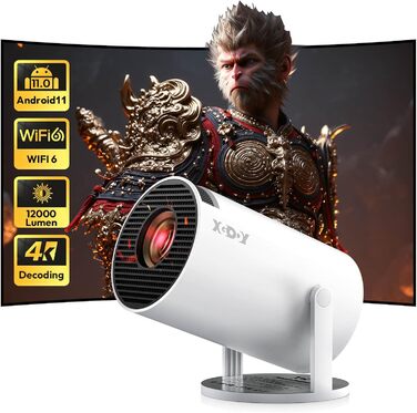 Проектор Xgody Gimbal 3 New: 12000 Люмен, Android 11.0, WiFi 6, Bluetooth, Auto Keystone, Підтримка 4K 1080P, 720P HD, для домашнього кінотеатру (білий)