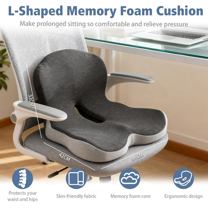Подушка ортопедична Yolispa з підтримкою спини для авто та офісного крісла, Memory Foam, сіра (темно-сірий + світло-сірий)