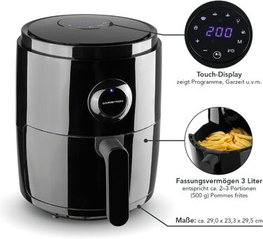 GOURMETmaxx цифрова аерофритюрниця 3 л, 1400 Вт, 6 програм, таймер 60 хв, автоматичне вимкнення, гриль, чорна