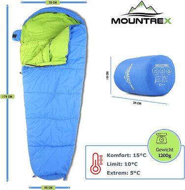 Дитячий спальник MOUNTREX мумія, легкий, компактний, для кемпінгу та подорожей, 100% бавовна, розмір 175x70x45 см, синьо-зелений