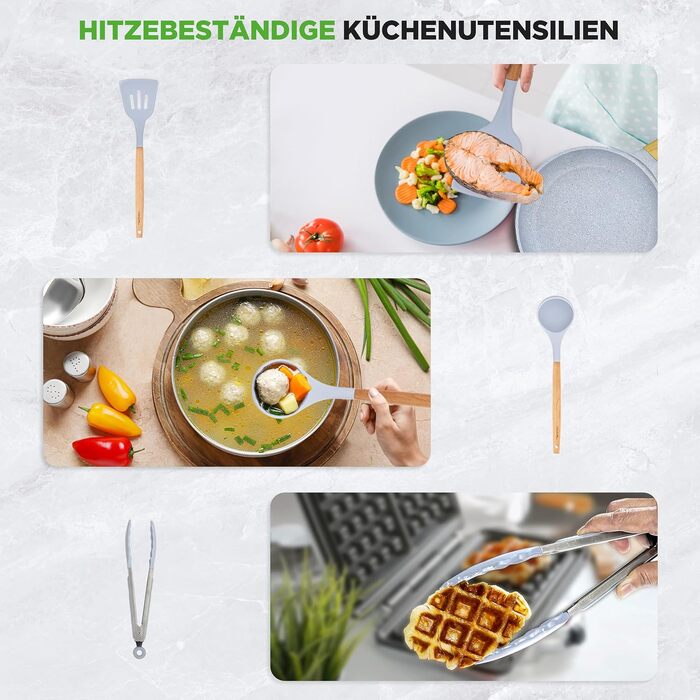 Набір посуду NutriChef 22 предмети антипригарний мармуровий блакитний – сковороди, каструлі, аксесуари для кухні, індукція