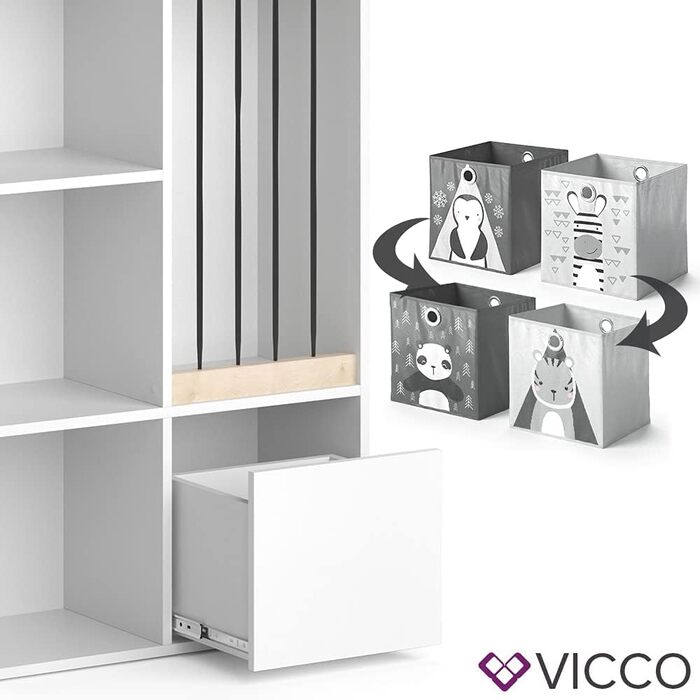Дитяча полиця Vicco Luigi біла 72x107,8 см з 2 складними коробками, опція 5, 72x96 см з коробками Слон/Тигр