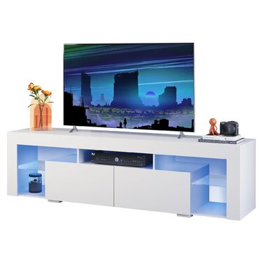 Тумба під телевізор WLIVE з LED підсвіткою, біла, 160x35x45 см, для телевізорів до 70 дюймів, з відкритими полицями та 2 шухлядами для вітальні