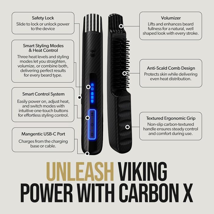 Електрична щітка для вирівнювання та догляду за бородою The Beard Struggle Carbon X, бездротовий випрямляч для бороди з 3 рівнями нагріву та захисним чохлом