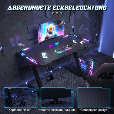 Ігровий стіл JUMMICO з RGB LED-підсвіткою, стійкий комп'ютерний стіл для геймерів та домашнього офісу, з тримачем для навушників та підстаканником, 120 x 60 см, чорний