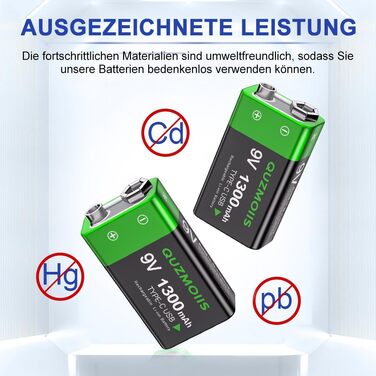 Акумулятор 9V Li-ion 1300mAh з USB-C зарядкою, перезаряджувана батарея типу «Крона» для мультиметрів та датчиків диму (2 шт)