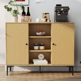 Комод SUNXURY 120x35x93 см, кухонна шафа, багатофункціональна шафа для зберігання з 2 дверцятами, 7 полицями та металевими ніжками, класичний дизайн, дубова текстура, для вітальні, спальні, коридору