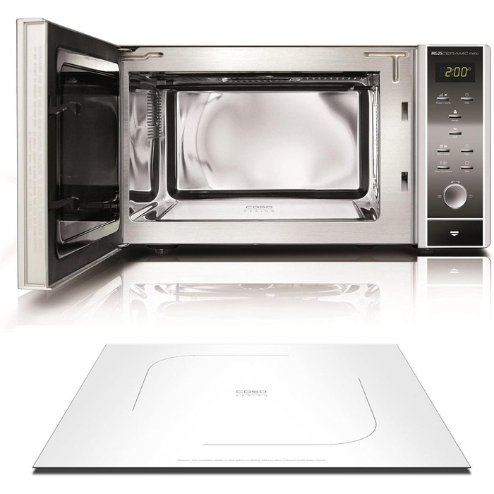 Мікрохвильова піч з грилем CASO MG25 Ceramic Menu, 25 л, 900 Вт, без піддону, нержавіюча сталь, 2 рівня, керамічне дно, дзеркальна поверхня, 1000 Вт гриль, Sound on/off