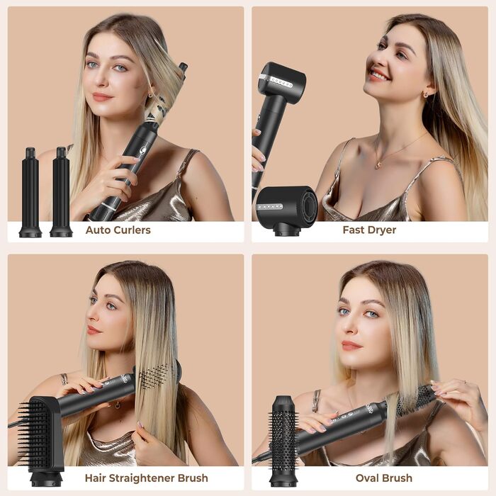 Hairstyler UKLISS Pro 7-в-1 з іонізацією: фен-щітка, кругла щітка, аеробраш для створення локонів (Чорний)