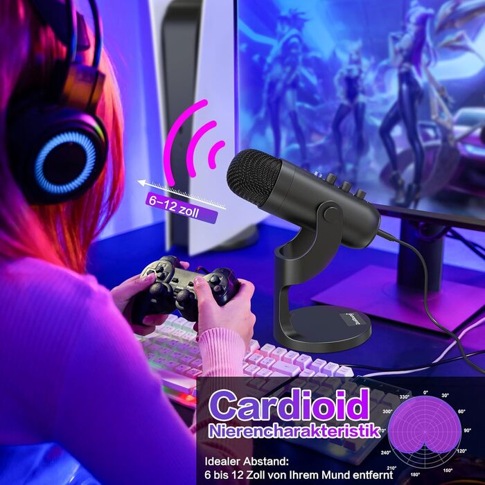 Zealsound USB конденсаторний мікрофон для ПК, смартфонів, PS4/PS5, подкастів, стрімінгу, запису, ASMR, з функціями Mute, Gain, Echo, адаптером для телефону, сумісний з Mac і Windows