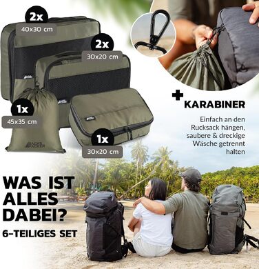 Набір компресійних органайзерів для одягу BACK&PACKER® (6 предметів), дорожні пакувальні куби з переробленого матеріалу для валізи та рюкзака, включаючи мішок для вологих речей (Оливковий, стандартний набір)