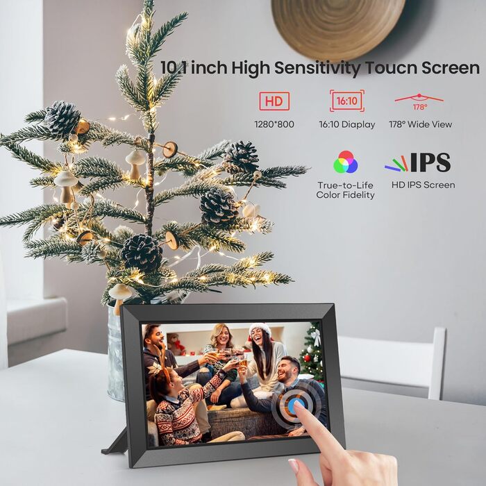 FRAMEO Цифровий фотоальбом 10.1 дюйма з Wi-Fi, IPS сенсорний екран, 32GB пам'яті, автоповорот, чорний